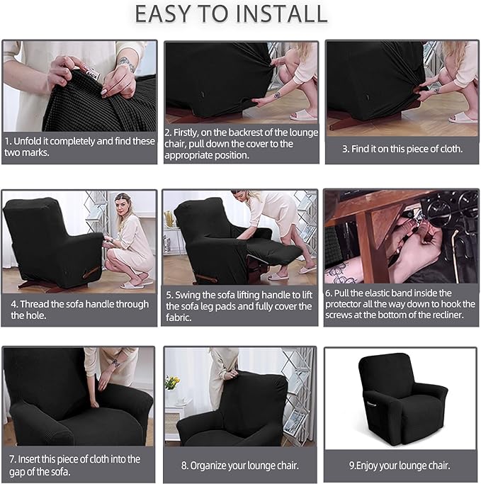 KEKUOU Recliner Chair Covers Lazy Boy Recliner Covers Stretch Couch Cover Slipcovers 1 Piece Furniture Protector with Elastic Bottom for Dog,Kids.(One Size, Black)