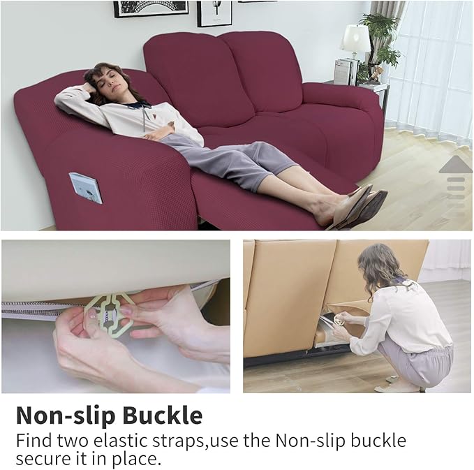 Easy-Going 6 Pieces Recliner Loveseat Stretch Sofa Slipcover Sofa Cover Furniture Protector Couch Soft with Elastic Bottom Kids, Spandex Jacquard Fabric Small Checks ASH Rose