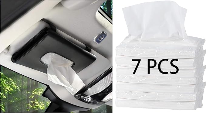 Black Car Tissue Holder with 7 PCS Tissue Refill, Sun Visor Napkin Holder, Car Tissue Box for Sun Visor, Paper Dispenser for Auto, Car Case Refill Tissue, Car Accessories