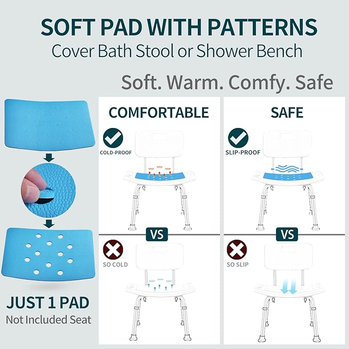 Shower Stool Cushion Non Slip Soft Pad with Holes, Grip Mat for Shower Chair Bath Seat, Adhesive Backing Anti Skid EVA Rubber, Shower Bench Curtain, 14 X 9 Inches