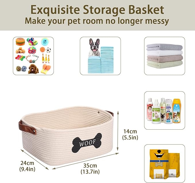 Cotton Rope Dog Toy Storage Basket Medium, Dog Toy bin with Handle,Dog Stuff Organizer - Perfect for organizing pet Toys, Blankets, leashes, Pee mats and Diapers,Nursery Decor Basket-Beige