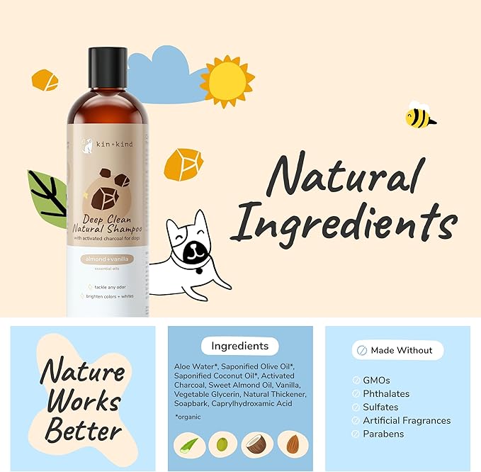 kin+kind Dog Shampoo with Activated Charcoal - Deep Clean Deodorizing Dog Shampoo for Dirt, Odor & Itch Relief - Gentle Grooming Pet Supplies with Natural Aloe, Almond & Vanilla 12 fl oz
