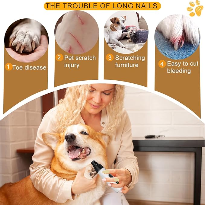 Upgraded Quiet Dog Nail Grinder, Professional 2-Speed Rechargeable Pet Nail Trimmer for Small/Medium/Large Dogs & Cats, Painless Paw Grooming with 2 Replacement Grinding Heads