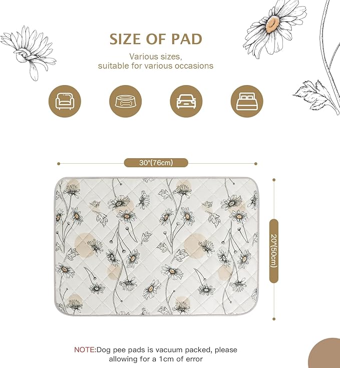IEUUMLER Washable Pee Pads for Dogs, 2 Pack Non-Slip & Waterproof Pack Whelping Pad, Reusable Washable Puppy Potty Training Pad with Fast Absorbent for Playpen EU007 (Beige Daisy, 30"X20"-2pcs)