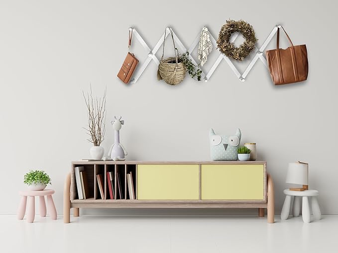 Mercurial Trade Expandable Wooden Coat Rack Hanger - Large Accordion Hanger with Expanding Pegs | Hand Made Modern Wooden Hat Rack for Wall | Hang Coat, Jacket, Hat | Wall Rack – 14 Hook, Chalk White
