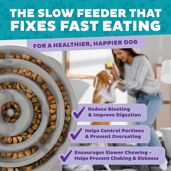 Outward Hound Fun Feeder Slo Bowl – Large 4‑Cup Capacity,Slow Feeding,Medium to Large Dogs,Non‑Slip,Gray,Drop Pattern,(Pack of 6)