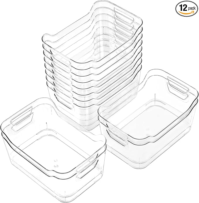 AntStep 12 Pack Clear Plastic Storage Bins, Pantry Organizers and Storage, Clear Pantry Organizer Bins, Plastic Containers with Handle for Kitchen,Freezer,Cabinet,Closet,Bathroom Under Sink Storage