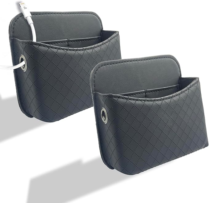 Self-Adhesive Car Seat Side Pocket Organizer with Cable Port - Black PU Leather Storage Pouch for Phone & Keys, Fits Gaps, Console & Door (1)