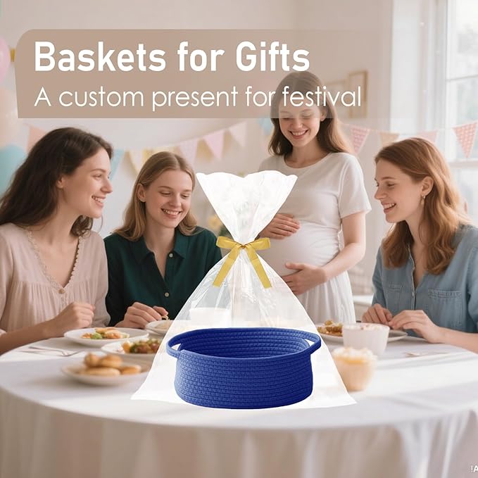 JMvicyroam Woven Basket,Small Rope Storage Bin with Handles & Ribbon Bag, Organizer for Shelves Closets,Gift Basket Empty for Birthday,Books,Dog Toys, Navy Blue/3 Pack