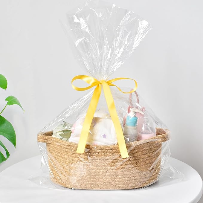 ABenkle Small Basket with Gift Bags and Ribbons, Empty Gift Baskets for Mother's Day, Decorative Boho Rope Woven Nursery Storage Organizer Toy Baskets with Handle for Baby Showers, 12"X 8" X 5"
