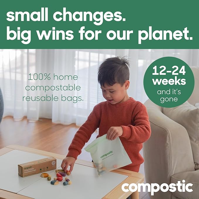 Compostic Home Compostable Resealable Snack Bags, Microwave & Freezer Safe, Organic Food Storage Container, 180 Count + 20 Bonus Bags