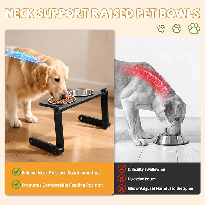 Elevated Dog Bowls, Adjustable Raised Dog Bowl Stand, Foldable Pet Bowls with Dual Stainless Steel Plates for Small to Medium Dogs and Cats,Pets -Black