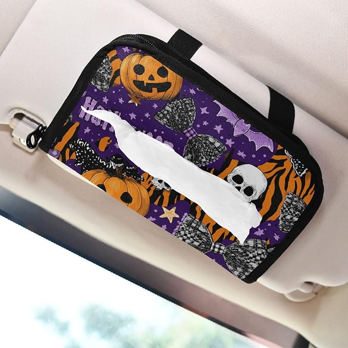 Car Tissue Holder Car Napkin Holder Car Tissue Box Dispenser Storage Case Sun Visor Mask Holder with Adjustable Straps Reusable Refillable Halloween Tiger Stripe Purple Orange