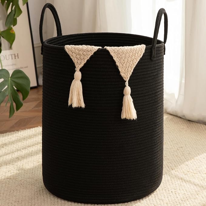 OIAHOMY Large Laundry Basket Hamper - 100L Cotton Rope Woven Basket for Blankets, Toys, Clothes - Tall Decorative Nursery Hamper with Long Handles, Black