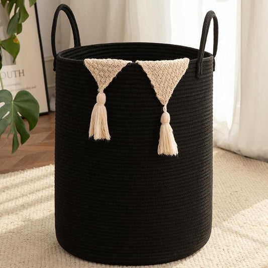 OIAHOMY Large Laundry Basket Hamper - 100L Cotton Rope Woven Basket for Blankets, Toys, Clothes - Tall Decorative Nursery Hamper with Long Handles, Black