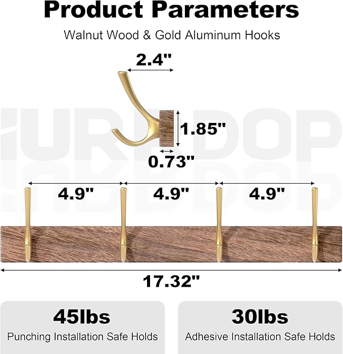 IURRDOP 17 Inch Walnut Wood Wall Mounted Coat Rack with 4 Gold Double Hooks, Adhesive Mounted Entryway Hooks, Modern Natural Wooden Pegs for Hanging Coat Clothes Hat Bag Purse Key and Towel