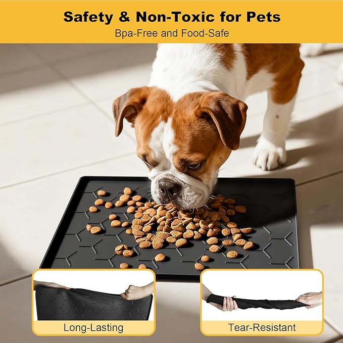 Pieviev Dog Cat Food Bowl Mat, Silicone Waterproof Food Grade Pet Food Mat for Floor, High Raised Edge to Prevent Spills, Non-Slip & Easy Clean Pet Placemat for Dog & Cat Bowls, 16''x12'', Black