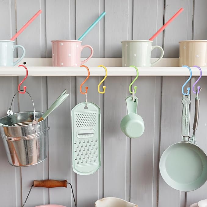 Wenqik 12 Pcs Colorful S Hooks Hanging Stainless Steel Multi Functional Metal Hanging Hooks Reversible Metal S Shaped Hook for Kitchen, Bathroom, Garden, Indoor, Outdoor