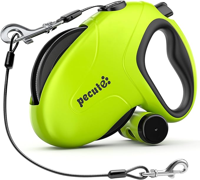 Pecute 32ft Retractable Dog Leash with Poo Bag Holder, Chew Proof Dog Leash with 360° Tangle-Free Extended, Anti-Slip Handle & Quick Brake Button, Suitable for Dogs Up to 66lbs in Weight