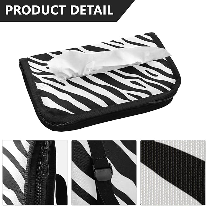 Car Tissue Holder Car Napkin Holder Car Tissue Box Dispenser Storage Case Sun Visor Mask Holder with Adjustable Straps Reusable Refillable Zebra Print