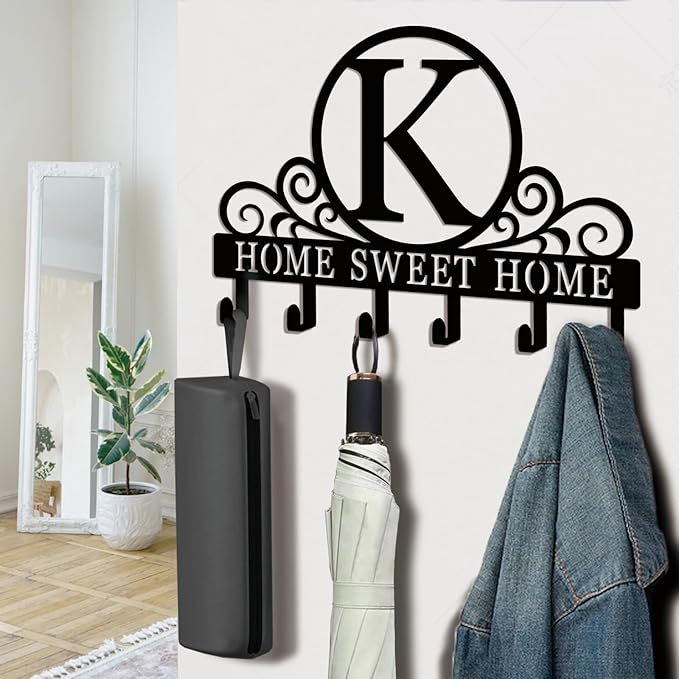 Metal Letter k Key Holder for Wall, Monogram Coat Rack Wall Mount, Key Hooks Perfect for Bathroom, Living Room, Kitchen, Office Ideal Wedding, Anniversary, Housewarming Gift (K)