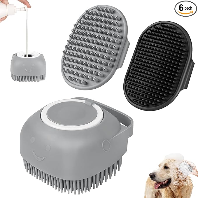 Comotech 6PCS Dog Bath Brush & Dog Toothbrush | Adjustable Handle Shampoo Brush & Scrubber for Short & Long Haired Dogs & Cats | Effectively Solve Odor & Stain Removal Problems (Gray Gray Black)