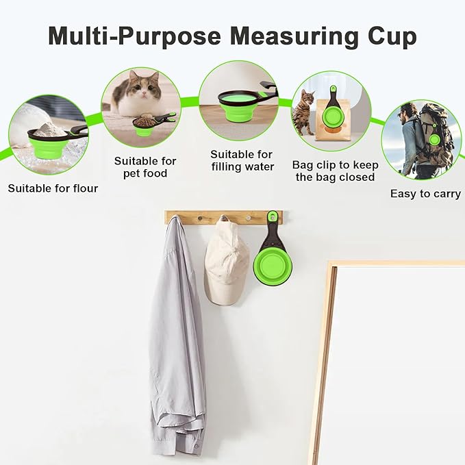 PNEUICALLY Collapsible Silicone Dog Food Scoop Foldable Pet Food Measuring Cup with Bag Clip 3 in 1 Multi-Function Silicone Dog Food Scooper (Green, Medium)