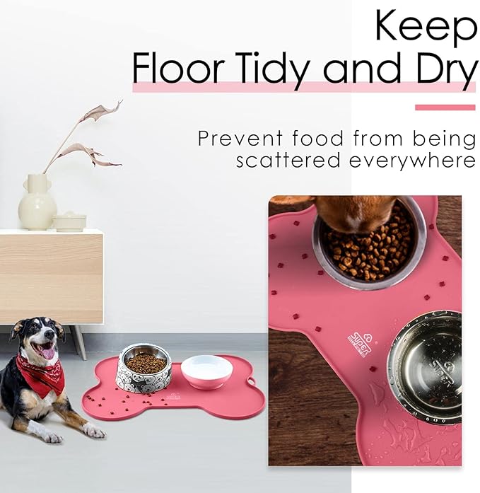 Super Design Dog Food Mat Dog Bowl Mat for Food and Water Silicone Non Spill Cat Feeding Mat Puppy Placemat Waterproof - 20.5" x 14.5", Pink