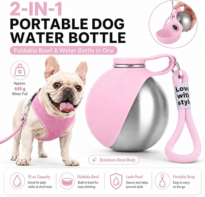 Portable Dog Water Bottle, 10 oz Stainless Steel Pet Travel Dispenser with Silicone Foldable Bowl, Leak Proof Tumbler, Dog Walking Accessories for Hiking and Small Pets (Pink)