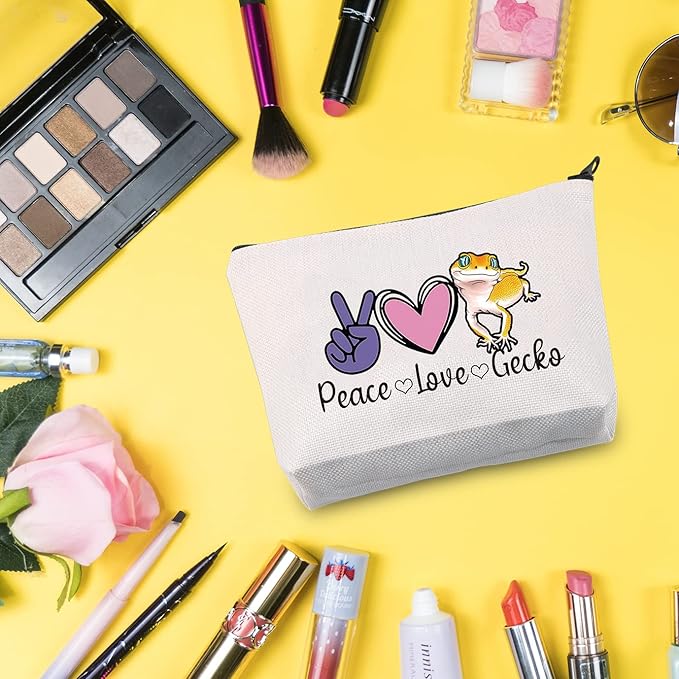 G2TUP Leopard Gecko Lover Gift Peace Love Gecko Makeup Bag Pet Lizard Lover Cosmetic Bag Reptile Gecko Owner Gift Travel Bag with Zipper (Peace Love Gecko White Bag)