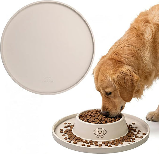 Arespark Dog Food Mat, Nonslip Waterproof Dog Silicone Feeding Bowl Mat with Raised Edges for Floors Prevent Spills, Round Eating Plate Puppy Supplies 10inch