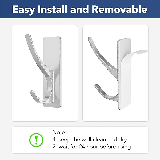 pickpiff Self Adhesive Coat Hooks for Hanging: Heavy Duty Stainless Wall Hook for Towel, Utensil, Backpack, Hat, Sturdy Metal Hanger for Bathroom, Kitchen, Door, 10-Pack, Silver