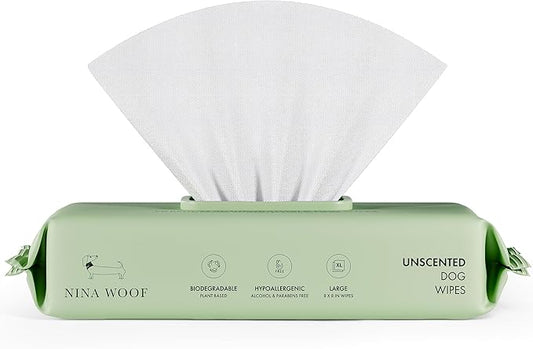 Nina Woof Dog Wipes – Fragrance-Free, Alcohol-Free, Hypoallergenic Pet Grooming Wipes with Aloe Vera, Biodegradable, for Dogs & Cats: Paws, Face, Ears & Butt – (70 Count)