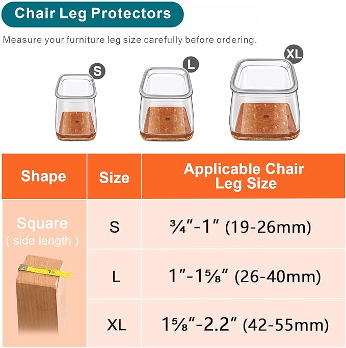 Ansible 24 pcs Square Large Chair Leg Floor Protectors, Furniture Felt Pads Silicone Covers caps for Chairs,Chair Leg Protectors for Hardwood Floors (Large fit:1'' to 1-5/8'')