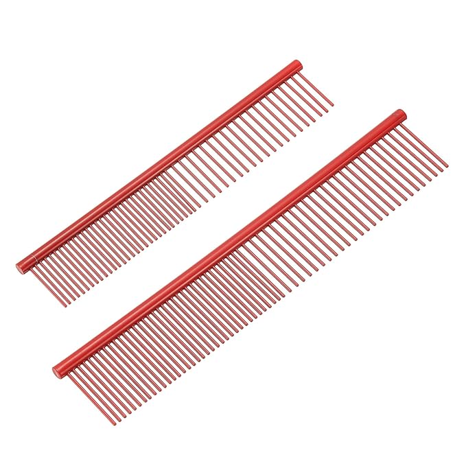 PETAXCELL Dog Cat Comb, Pet Combs Stainless Steel Teeth with Rounded Ends for Knots Mats Loose Hair Removal, 6.5/7.5IN (Red Coated, 2 Pack), Grooming Tool Intended for Long Curly Hair Pet