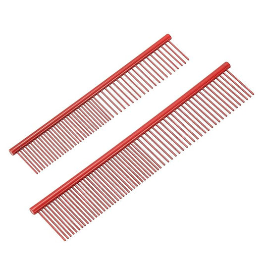 PETAXCELL Dog Cat Comb, Pet Combs Stainless Steel Teeth with Rounded Ends for Knots Mats Loose Hair Removal, 6.5/7.5IN (Red Coated, 2 Pack), Grooming Tool Intended for Long Curly Hair Pet