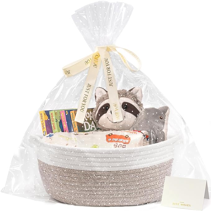 CHICVITA Gift Basket Empty to Fill, Easter Baskets for Gifts Empty, Small Basket with Bags & Ribbon, Dog Toy Storage, 12"x 8"x 5", Brown