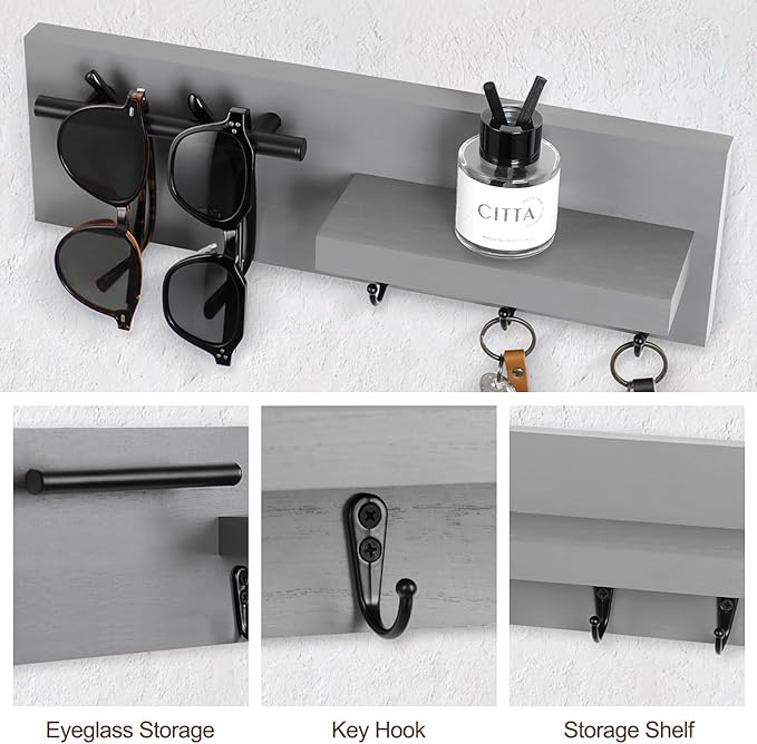 Lucundm Key Holder for Wall, Decorative Entryway Shelf with Hooks Holds Keys, Dog Leash, Sunglasses – Key Hanger with 3 Hooks Organizes, Enhances Home Decor (15” x 4.5” x 2.6”) (Grey)