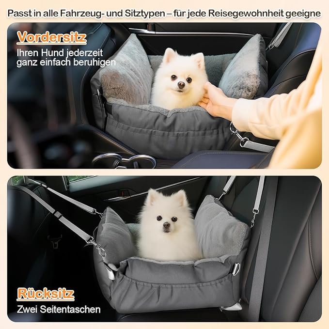 Dog Car Seat for Small Dogs with Extension Zone, Portable Washable Travel Bed for Pets up to 30 lbs, Booster Seat for Front Seat & Camping, Includes Harness Clip – Grey