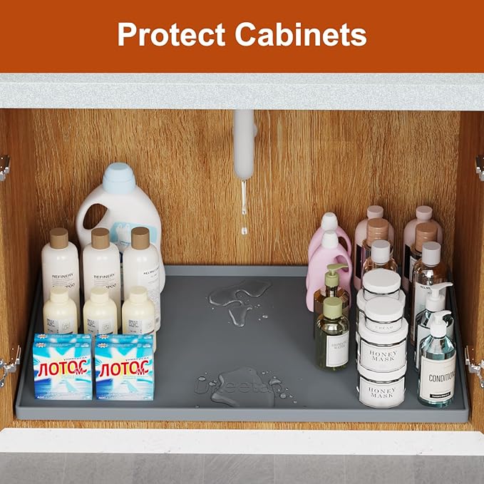 Extra Thick Silicone Mat Waterproof with Raised Edge 22" x 19", Under Sink Mat for Kitchen & Bathroom, Kitchen Cabinet Liner, Multi-Purpose for Storage & Protection, Gray