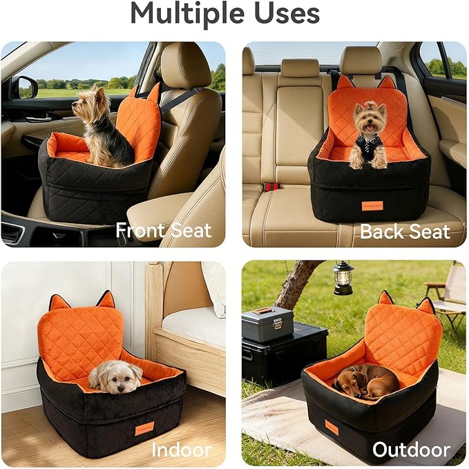 CABZOON Dog Car Seat for Small/Medium Dogs Up to 35lbs,Elevated Cushion Fits in Front/Back Seat,Travel Safety Per Car Bed with Washable Removable Cover, Storage 2 Pockets Black-Orange