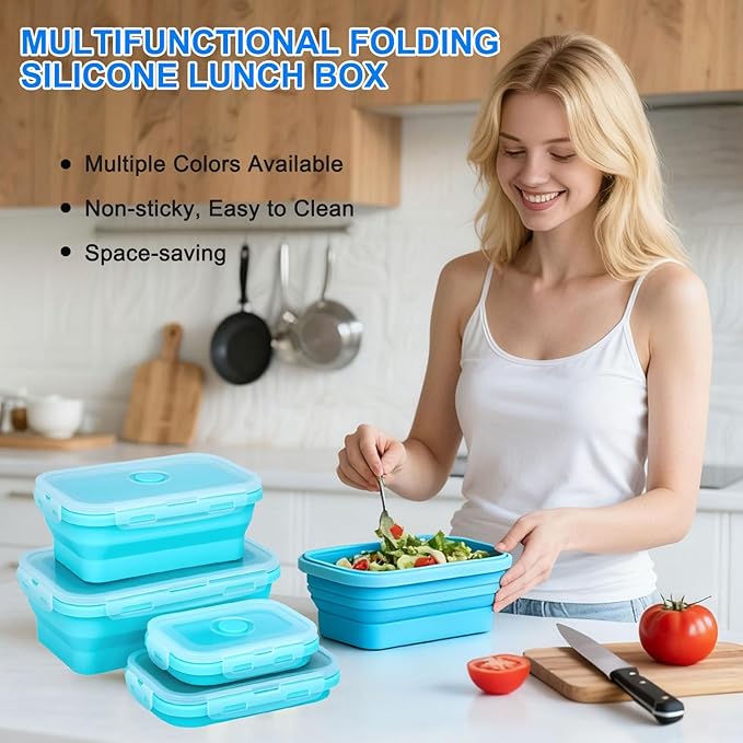 4 Set Collapsible Food Storage Containers Silicone Lunch Container with Lids Collapsible Lunch Box Food for Camper Leftovers Snacks Meals Dorm Kitchen Microwave Dishwasher and Freezer Navy Blue