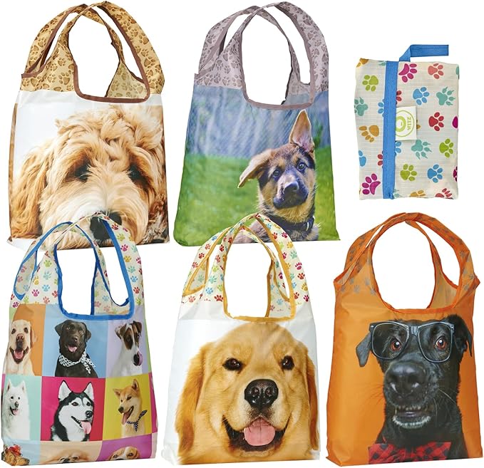 O-WITZ Reusable Grocery Bags | Vibrant Tote Bag For Groceries, Gym, Beach Gear, Toys & More | Washable Design With Large Handles For Maximum Convenience | Folds Into A Small Pouch, 5 Pack, Dogs
