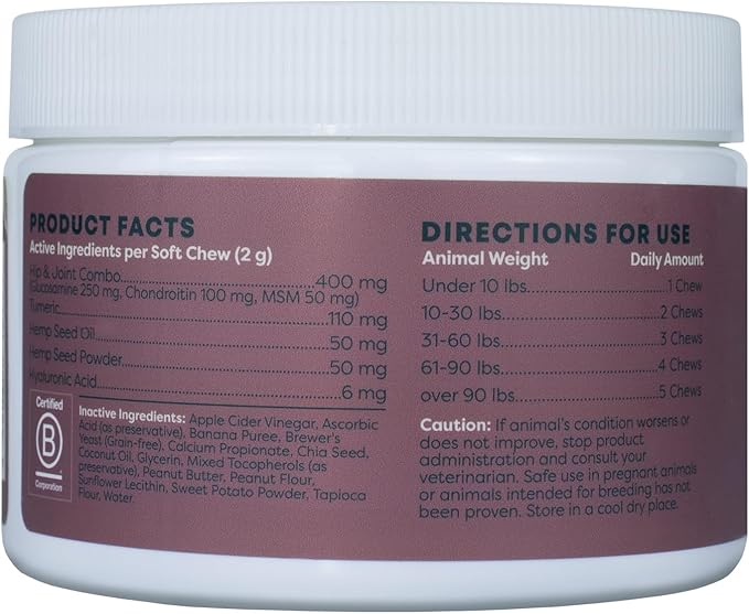 ALZOO Hip & Joint Chews for Dogs, 100% Plant-Based Active Ingredients, Peanut Butter Flavor, 90 Count