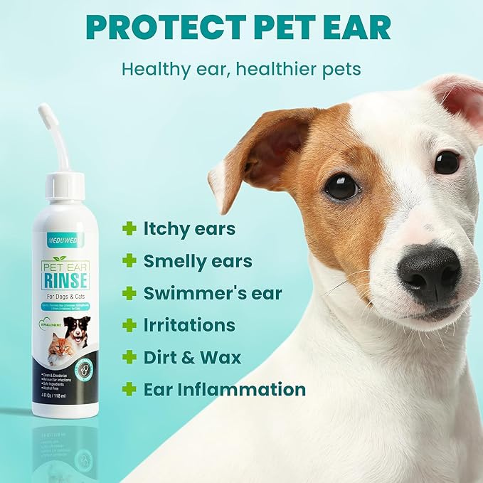 Dog Ear Cleaner, Dog Ear Care Liquid, Dog and Cat Ear Cleaner to Eliminates Ear Odour, Dirt and Debris Pet Ear Cleaner Solution,Remove Wax, Dirt & Stop Smelly, Itchy, Non-Irritating, 4 Fl oz