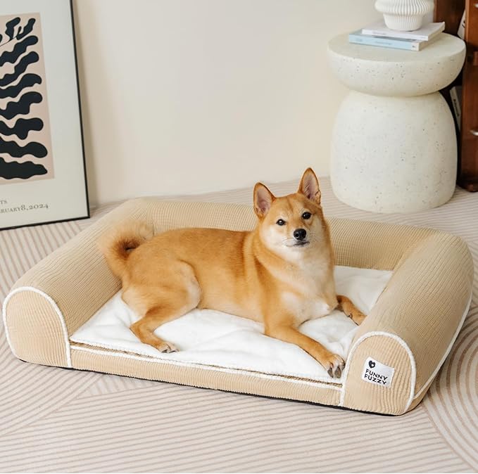 FUNNYFUZZY Orthopedic Dog Bed – Washable Dog Bed with Double Layer Plush Cushion Sofa Style Design with Bolstered Sides for Small Medium and Large Dogs Removable Cover L Size (31.5"x24.4"x7.1") Beige