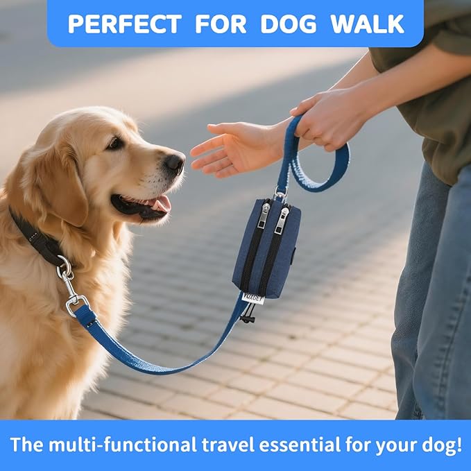 Poop Bag Holder for Leashes, Dog Treat Pouch Carrier with 2 Zipper Pockets and Clip for Puppy Training, Dog Waste Bag Dispenser with 1 Roll Poop Bags for Walking Accessories (Navy Blue)