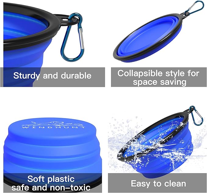 2-Pack Collapsible Dog Bowls, Portable Travel Pet Bowl with Carabiner – Foldable Silicone Feeding Dish for Dogs and Cats On-The-Go (Black + Blue)