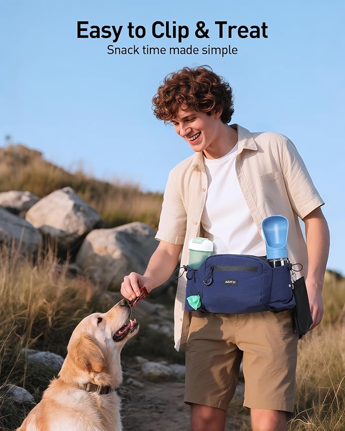 AGPTEK Dog Walking Fanny Pack, Large Capacity Dog Training Treat Pouch, Waist Bag with Removable Snack Pouch, Water Holder, Poop Bag Dispenser, Waterproof Zipper, Adjustable Strap, Dark Blue
