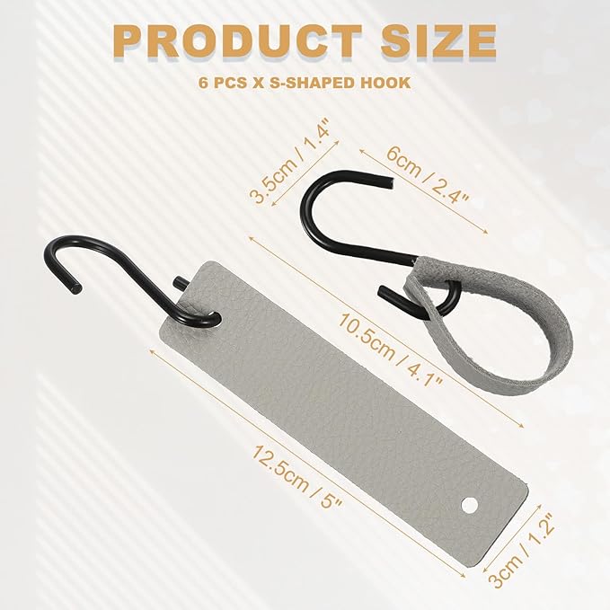 uxcell 6 Pcs PU Leather S Hooks, Multifunctional S Shaped Hooks for Hanging Coat Towel Camping Kitchen Bathroom Handle, Gray